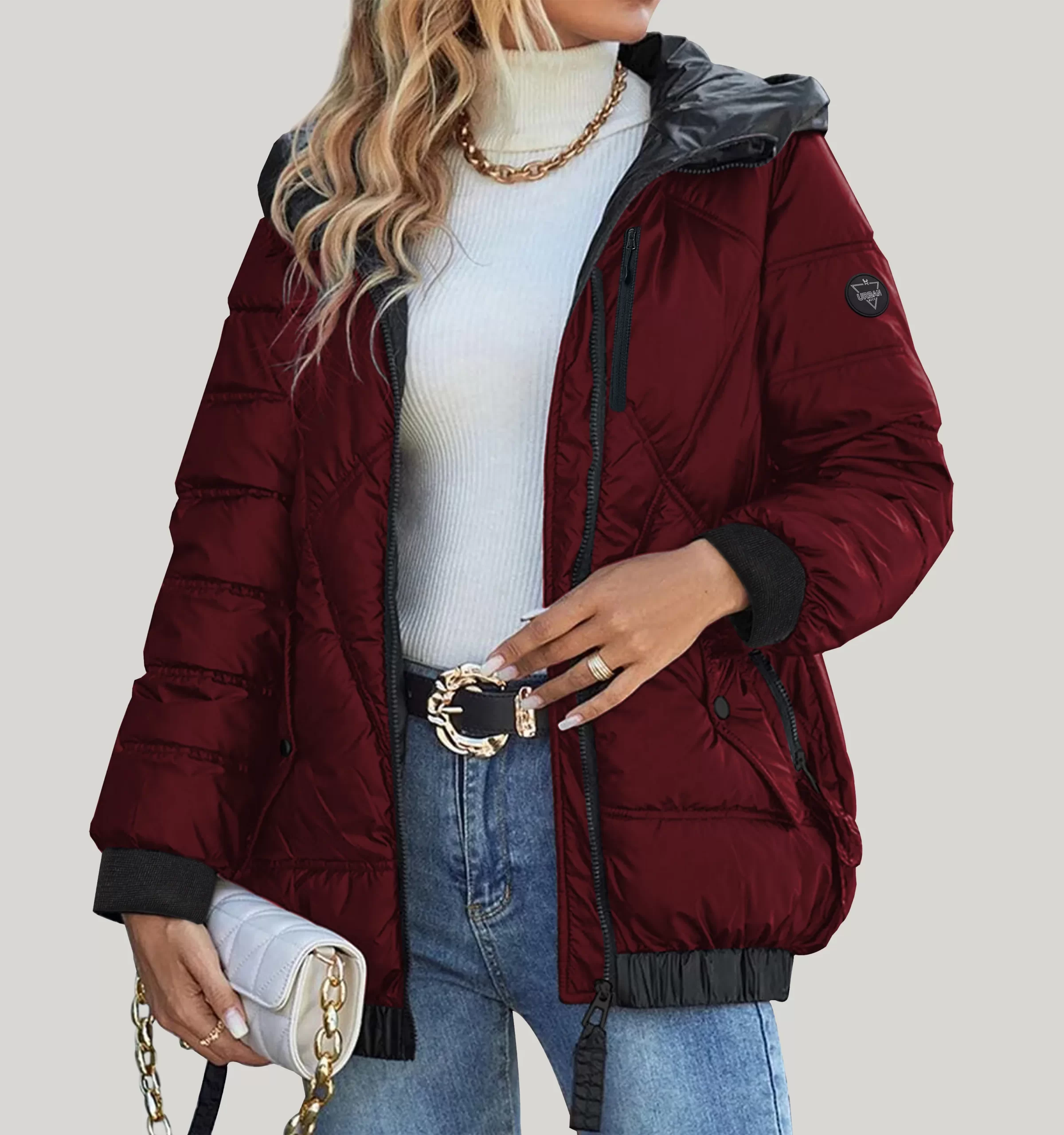 Burgundy puffer jacket with best sale fur hood