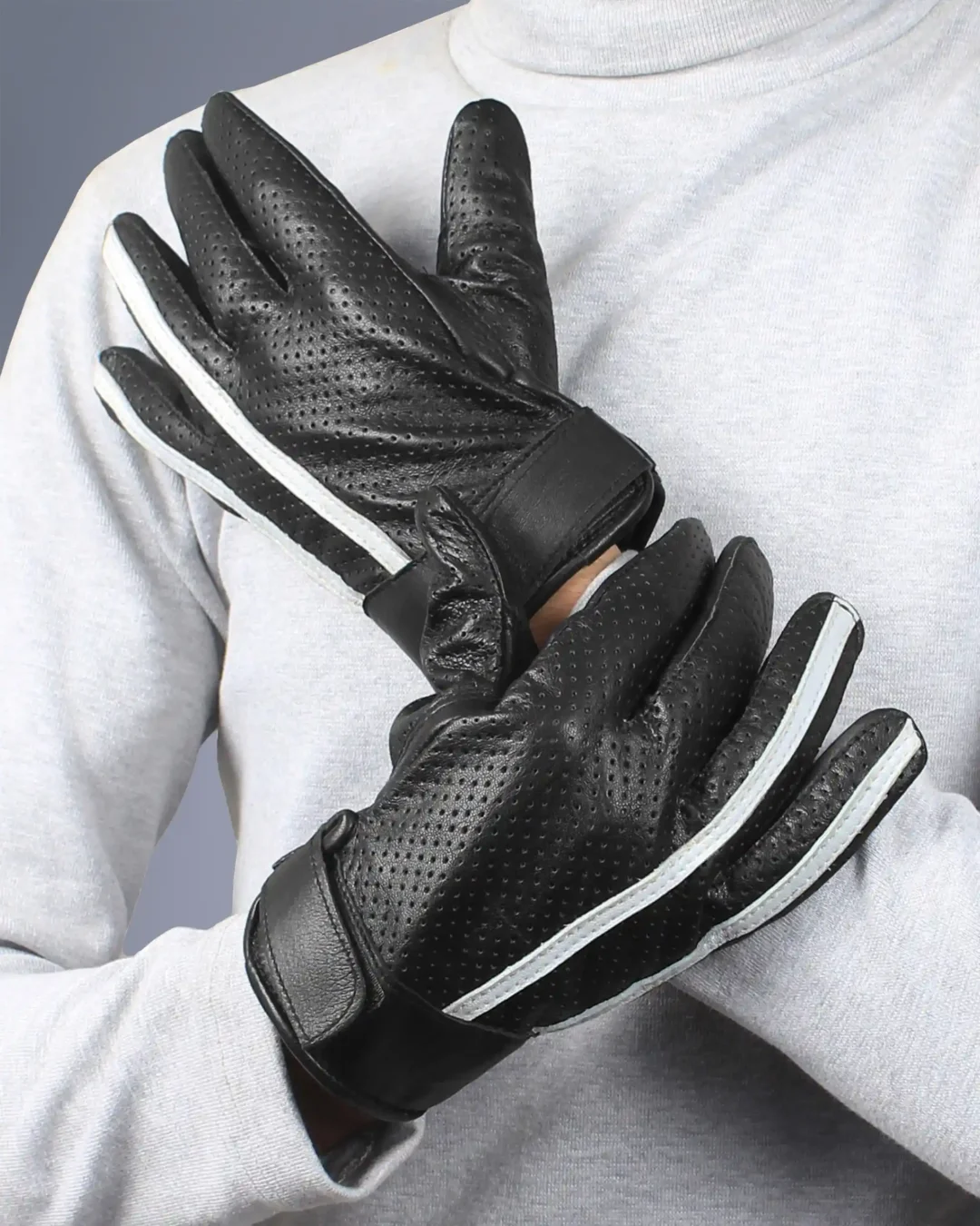 Saturn white striped mens black leather gloves