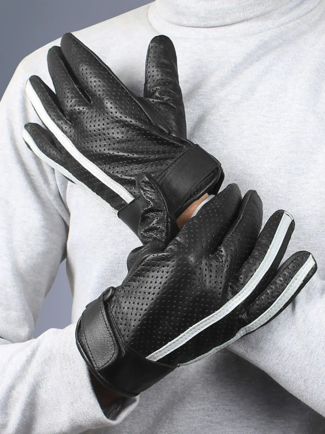 Saturn white striped mens black leather gloves