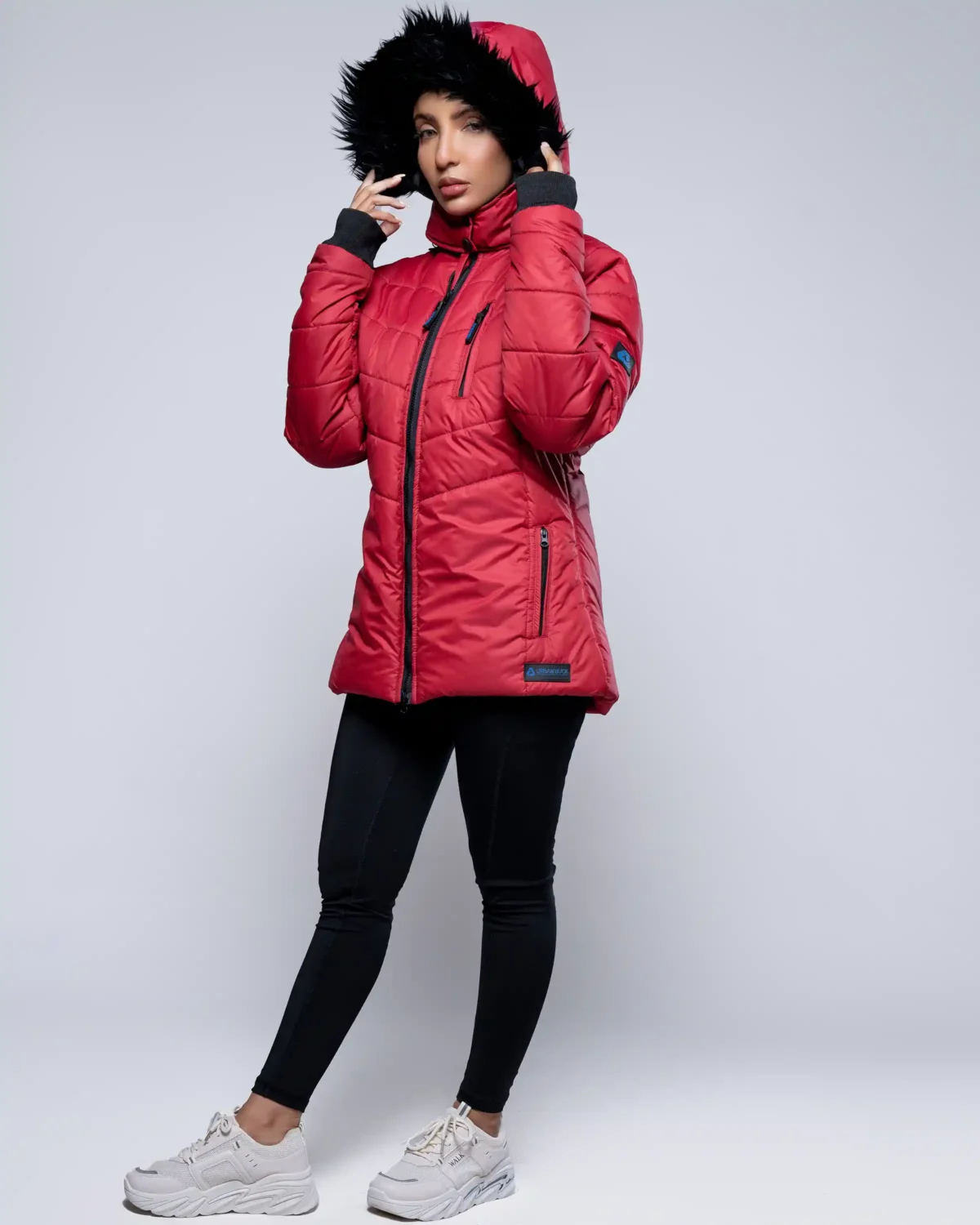 Paola Faux-Fur-Trim Hooded Puffer Jacket-Red