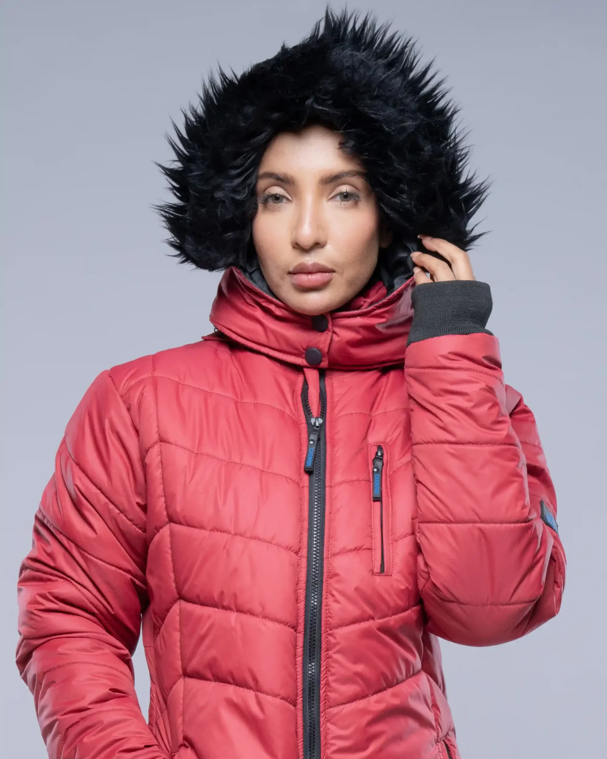 Paola Faux-Fur-Trim Hooded Puffer Jacket-Red