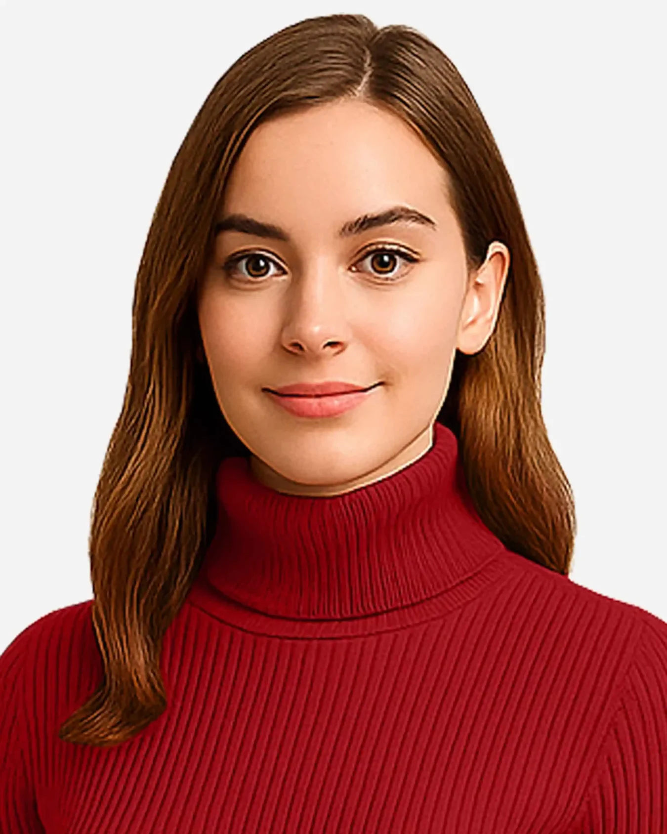 Closeup shot Jane red rib knit turtleneck