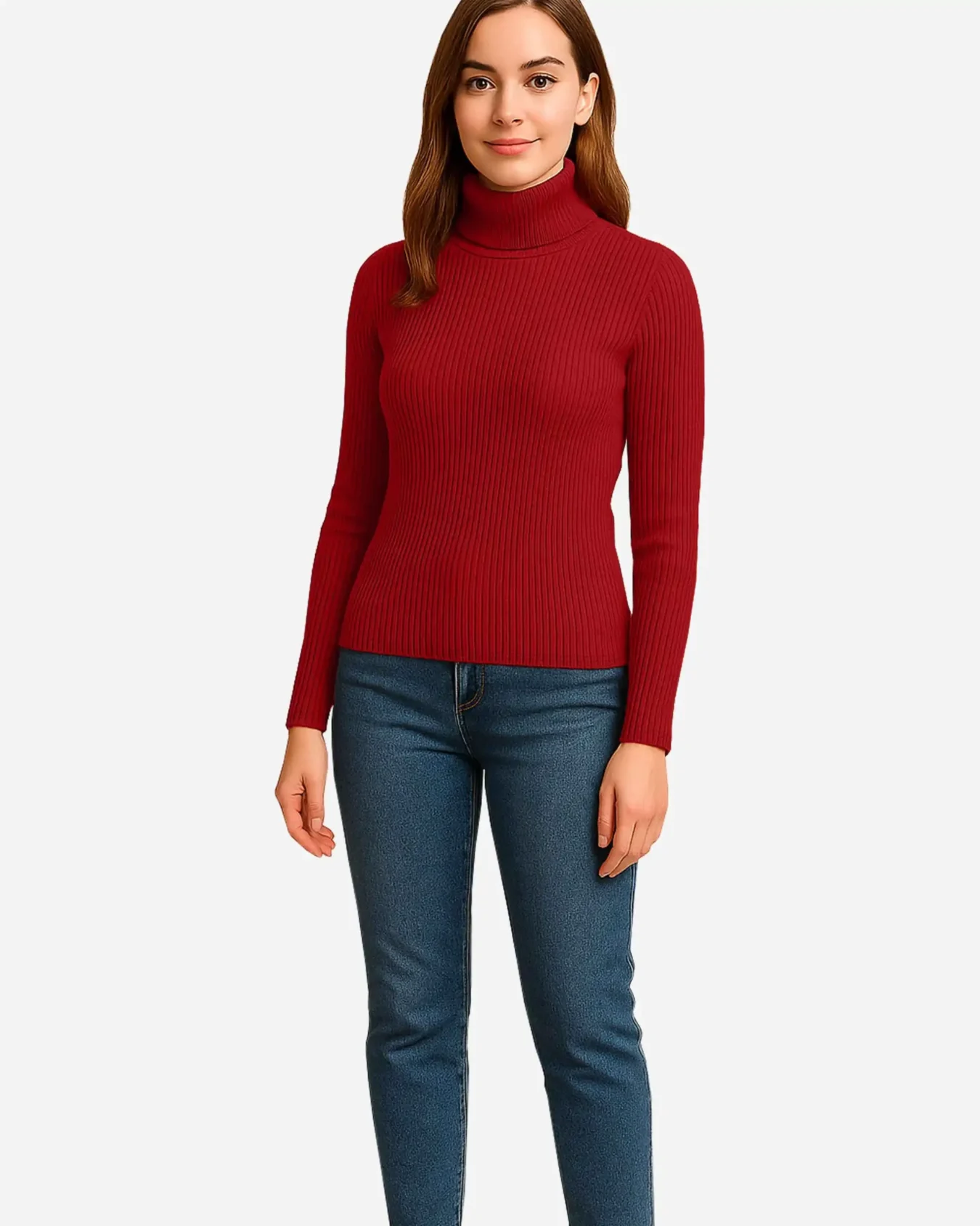 Model wearing Jane red rib knit turtleneck