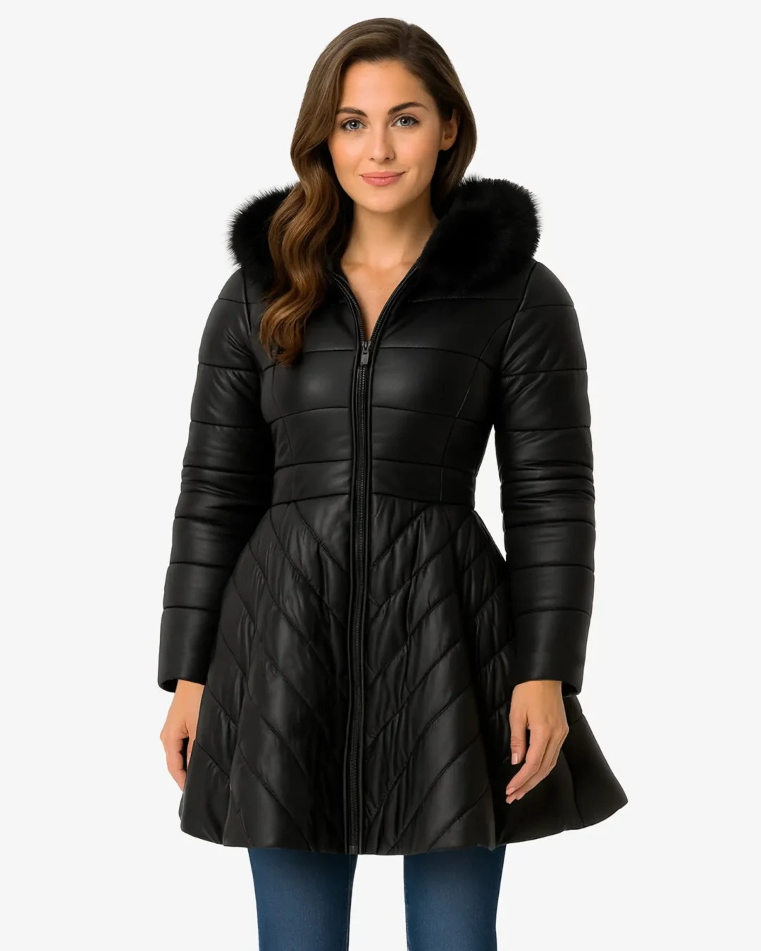 Furvogue Long Puffer Coat with Faux Fur Hood