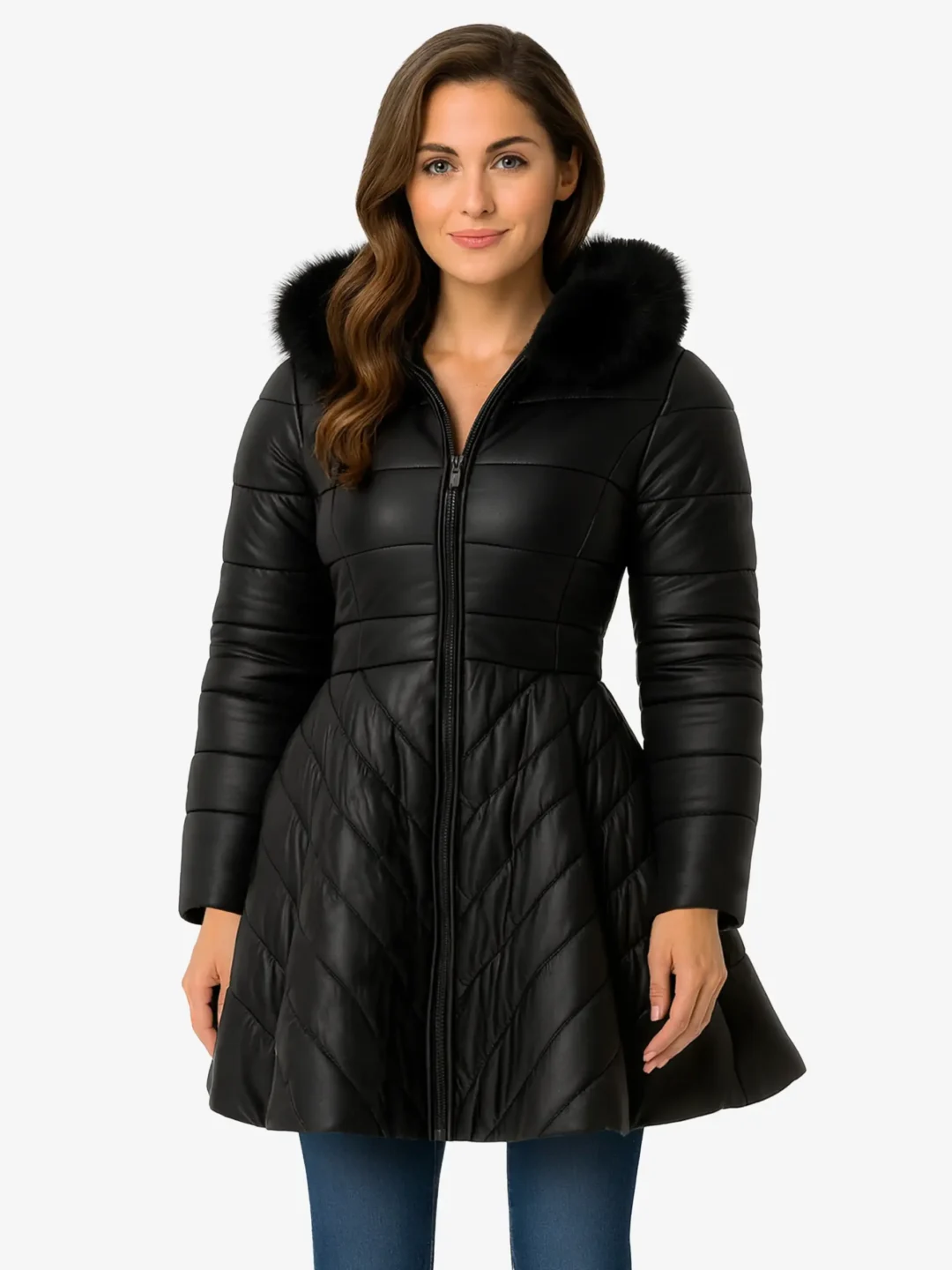 Furvogue Long Puffer Coat with Faux Fur Hood