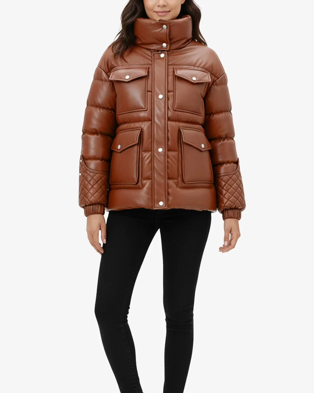 Bronze Puffer Leather Jacket for Women