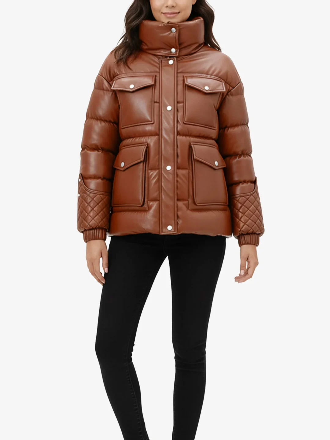 Bronze Puffer Leather Jacket for Women