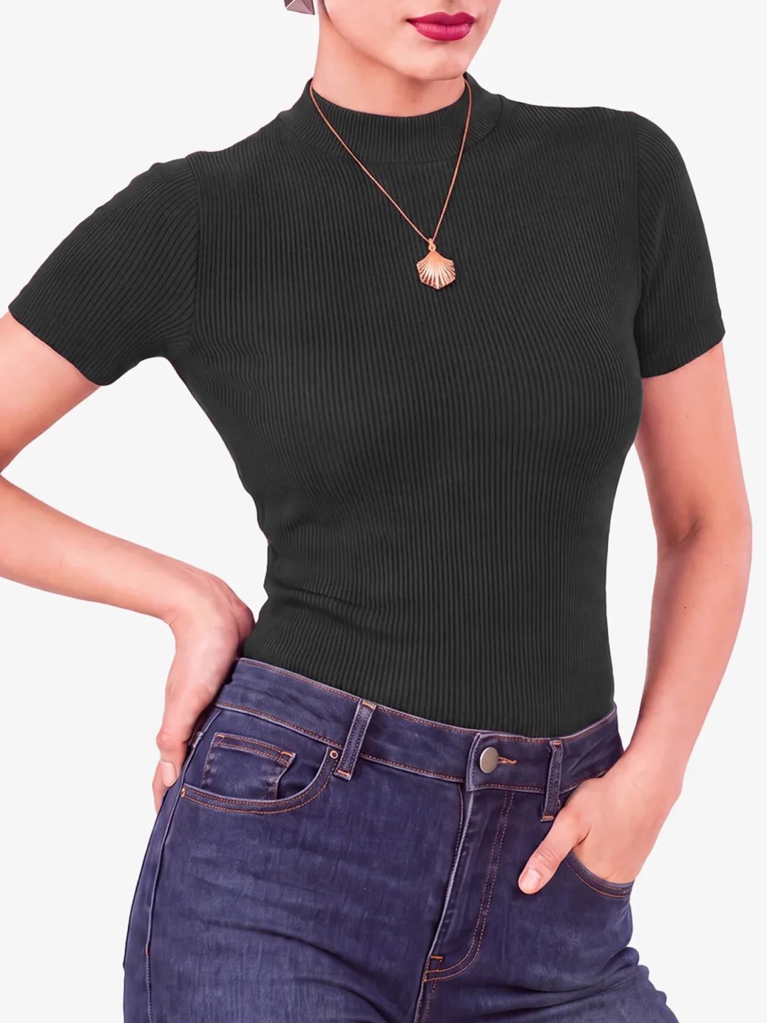 Janine Mock Neck Short Sleeve Ribbed Top for Women